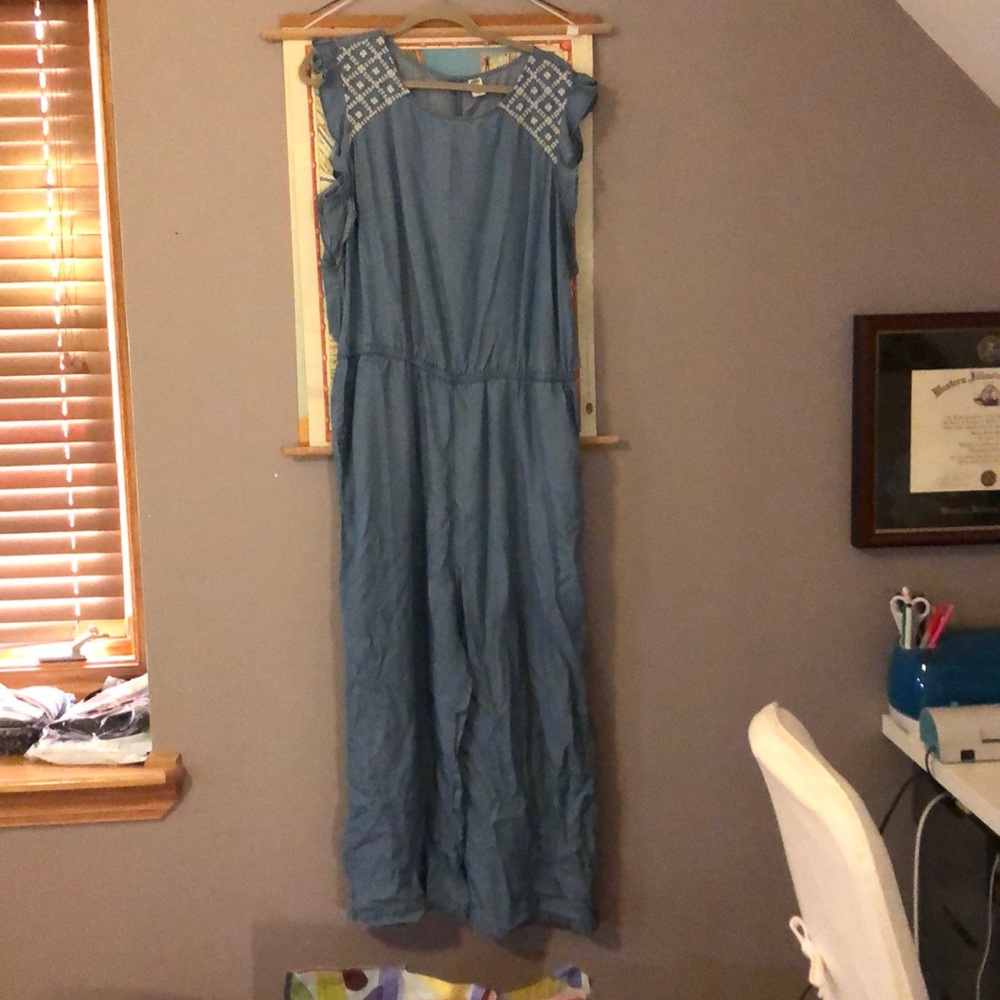 Chambray Romper/ jumpsuit with embroidered yoke